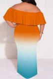 Sexy Gradient Print Ruffle Contrast Off Shoulder One Step Skirt Plus Size Dresses