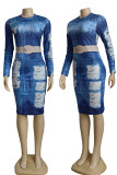 Casual Print Patchwork O Neck Wrapped Skirt Dresses