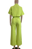 Casual Solid Color Buckle Patchwork Turndown Collar Half Sleeve Two Pieces