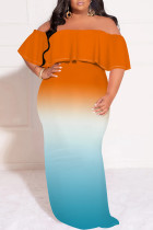 Sexy Gradient Print Ruffle Contrast Off Shoulder One Step Skirt Plus Size Dresses
