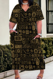 Casual Print Pocket Patchwork V Neck Straight Plus Size Dresses