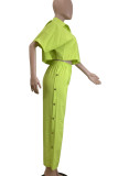 Casual Solid Color Buckle Patchwork Turndown Collar Half Sleeve Two Pieces