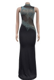 Sexy Patchwork Hot Drilling See-Through Backless Turtleneck Long Dresses