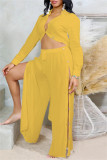 Casual Solid Color Buttons Slit Turndown Collar Long Sleeve Two Pieces