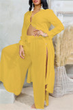 Casual Solid Color Buttons Slit Turndown Collar Long Sleeve Two Pieces