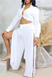 Casual Solid Color Buttons Slit Turndown Collar Long Sleeve Two Pieces