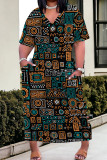 Casual Print Pocket Patchwork V Neck Straight Plus Size Dresses