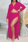 Casual Solid Color Buttons Slit Turndown Collar Long Sleeve Two Pieces