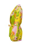 Casual Floral Print With Belt Turndown Collar Regular Rompers