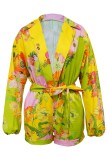 Casual Floral Print With Belt Turndown Collar Regular Rompers
