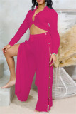 Casual Solid Color Buttons Slit Turndown Collar Long Sleeve Two Pieces