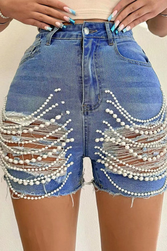 Sexy Ripped Pocket Buttons Patchwork Pearls Decor Zipper Mid Waist Skinny Denim Shorts