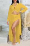 Casual Solid Color Buttons Slit Turndown Collar Long Sleeve Two Pieces