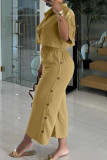 Casual Solid Color Buckle Patchwork Turndown Collar Half Sleeve Two Pieces