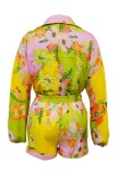 Casual Floral Print With Belt Turndown Collar Regular Rompers