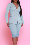 Casual Solid Color Buttons Patchwork Turn-back Collar Long Sleeve Two Pieces