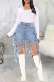 Street Solid Color Fringed Trim Pocket Buttons Patchwork Zipper A Line Plus Size