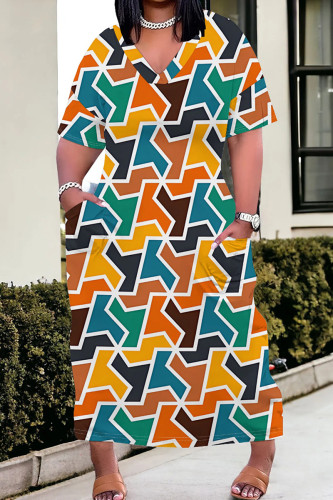 Casual Print Pocket Patchwork V Neck Straight Plus Size Dresses