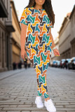 Casual Print Patchwork O Neck Short Sleeve Two Pieces