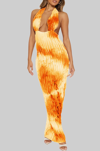 Elegant Tie Dye Hollow Out Patchwork Backless Deep V Neck Long Dresses