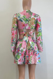 Sexy Print Strap Design Patchwork V Neck Long Sleeve Two Pieces