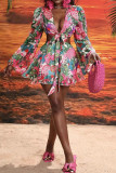 Sexy Print Strap Design Patchwork V Neck Long Sleeve Two Pieces
