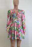 Sexy Print Strap Design Patchwork V Neck Long Sleeve Two Pieces