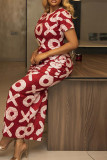 Elegant Print Patchwork Ruched O Neck Short Sleeve Two Pieces