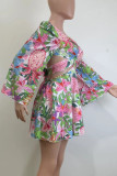 Sexy Print Strap Design Patchwork V Neck Long Sleeve Two Pieces