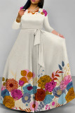 Elegant Floral Print Lace Up O Neck Printed Dresses
