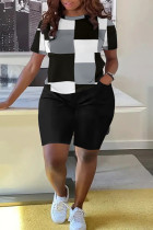 Casual Print Pocket Patchwork O Neck Short Sleeve Two Pieces