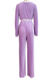 Casual Solid Color Patchwork Strap Design Deep V Neck Long Sleeve Two Pieces