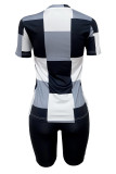 Casual Print Pocket Patchwork O Neck Short Sleeve Two Pieces