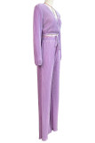 Casual Solid Color Patchwork Strap Design Deep V Neck Long Sleeve Two Pieces