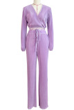 Casual Solid Color Patchwork Strap Design Deep V Neck Long Sleeve Two Pieces