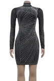Sexy Patchwork Hot Drill Zipper O Neck Wrapped Skirt Dresses
