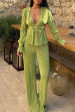Celebrities Solid Color Patchwork Ruched Strap Design Deep V Neck Long Sleeve Two Pieces