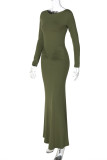 Casual Solid Color Ruched O Neck Long Dresses