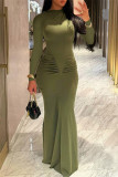 Casual Solid Color Ruched O Neck Long Dresses