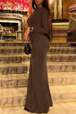 Casual Solid Color Ruched O Neck Long Dresses