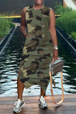 Street Camouflage Print Patchwork Slit O Neck Long Dresses