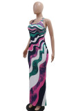 Elegant Print Hollow Out Patchwork Backless High Slit U Neck Long Dresses