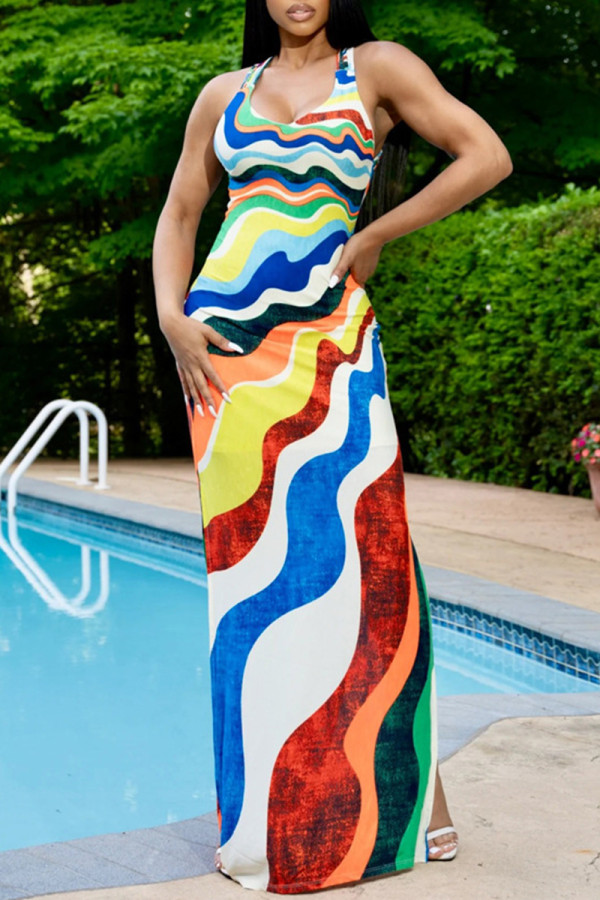Elegant Print Hollow Out Patchwork Backless High Slit U Neck Long Dresses