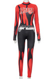 Street Print Patchwork Zipper O Neck Skinny Jumpsuits
