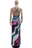 Elegant Print Hollow Out Patchwork Backless High Slit U Neck Long Dresses