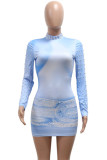 Sexy Print Patchwork Pearls Decor O Neck Wrapped Skirt Dresses