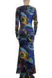 Elegant Print Patchwork Ruched V Neck Long Dresses