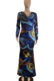 Elegant Print Patchwork Ruched V Neck Long Dresses