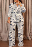 Casual Print Buttons Patchwork Strap Design Turndown Collar Long Sleeve Two Pieces