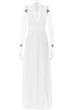 Sexy Solid Color Backless Slit Belted Halter Long Dresses